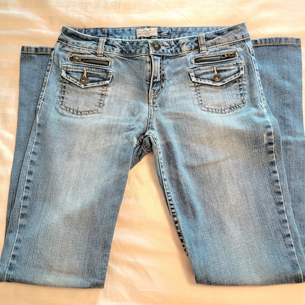 Aeropostale Hailey Skinny Flare Medium Wash Jeans W/Front Pockets & Zippers,9/10